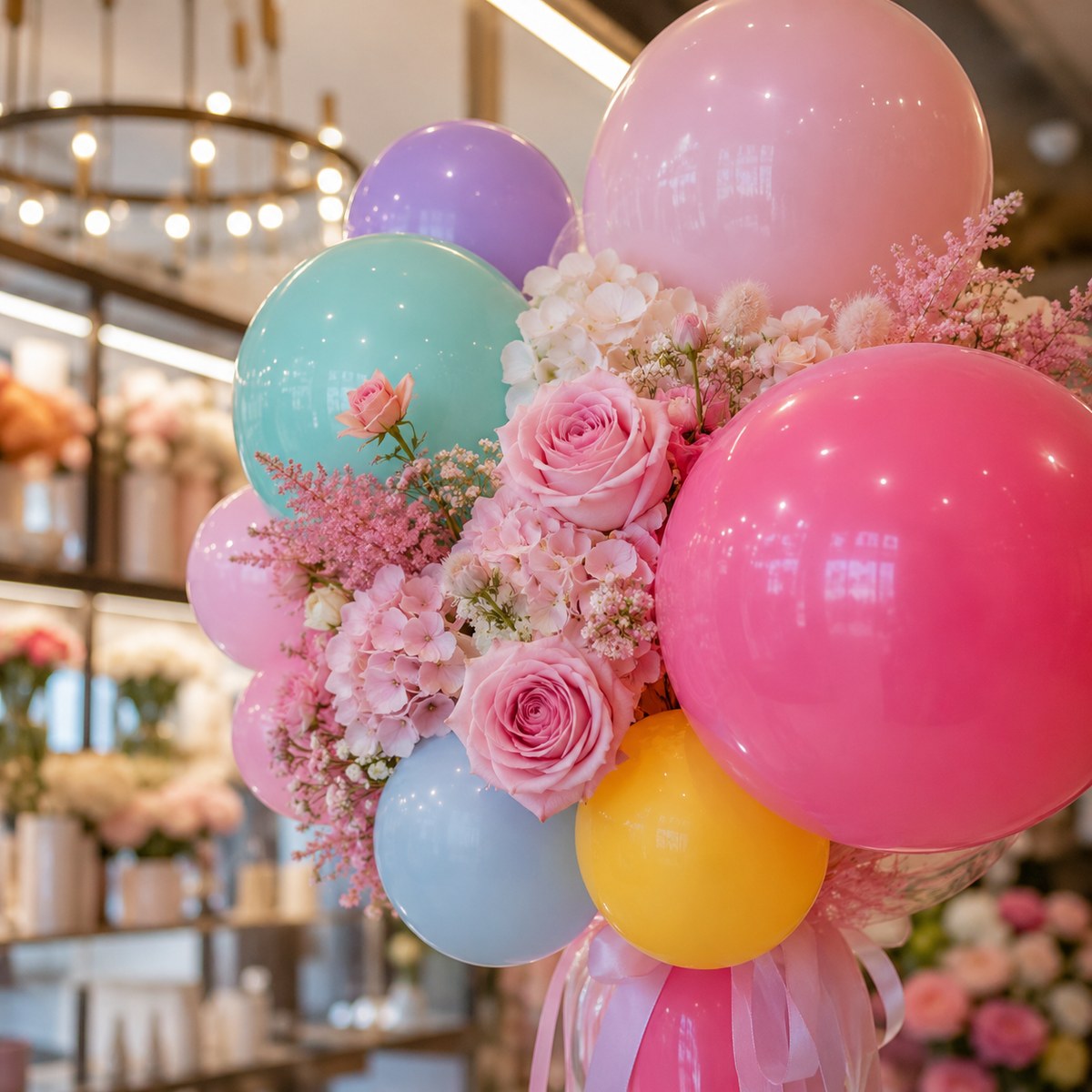 Arreglo floral con globos en tonos pastel
