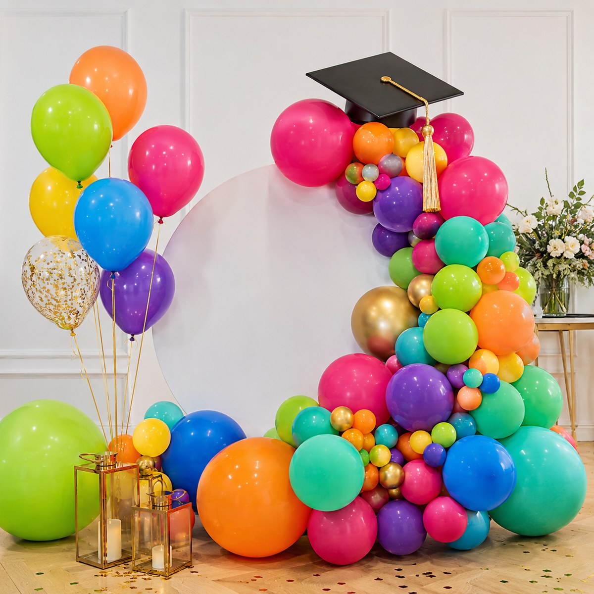 Decoración de graduación con arco de globos
